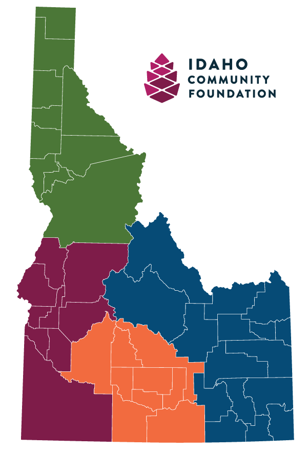 Map of Idaho with highlighted regions and logo of Idaho Community Foundation