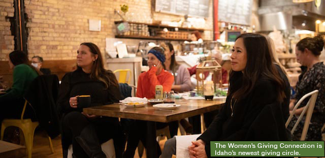 Background: Group of Women in a Coffee Shop - Caption: The Women’s Giving Connection is Idaho’s newest giving circle. 
