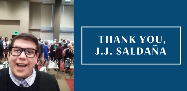 Background: J.J. Saldana at event - Caption: Thank You, J.J. Saldana